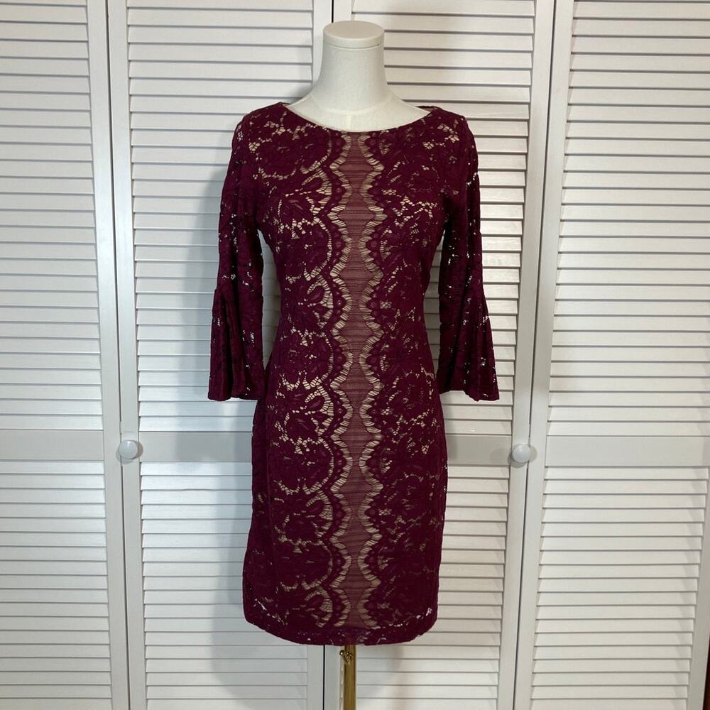 NWT Danny & Nicole Chic Lace Plum Beige Bell Sleeve Sheath Knee Length Dress 8
